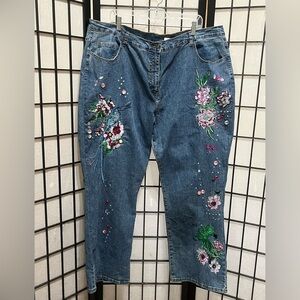 DENIM 24/7 Embroidered Floral Blue Denim Jeans RHINESTONE EMBELLISHED WOMEN 28W